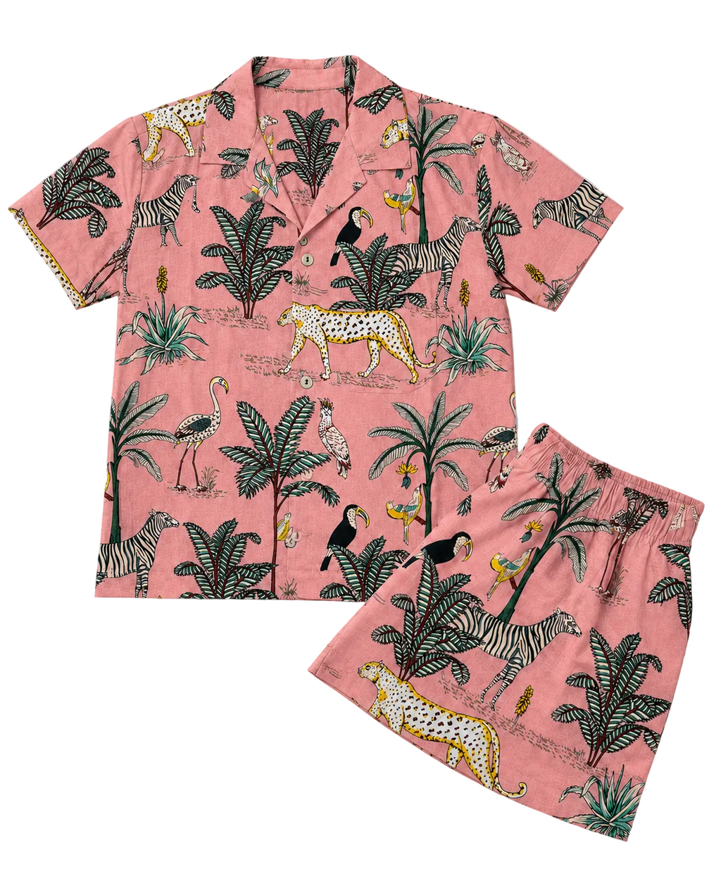 Pink pajama set with jungle animal pattern on a white background